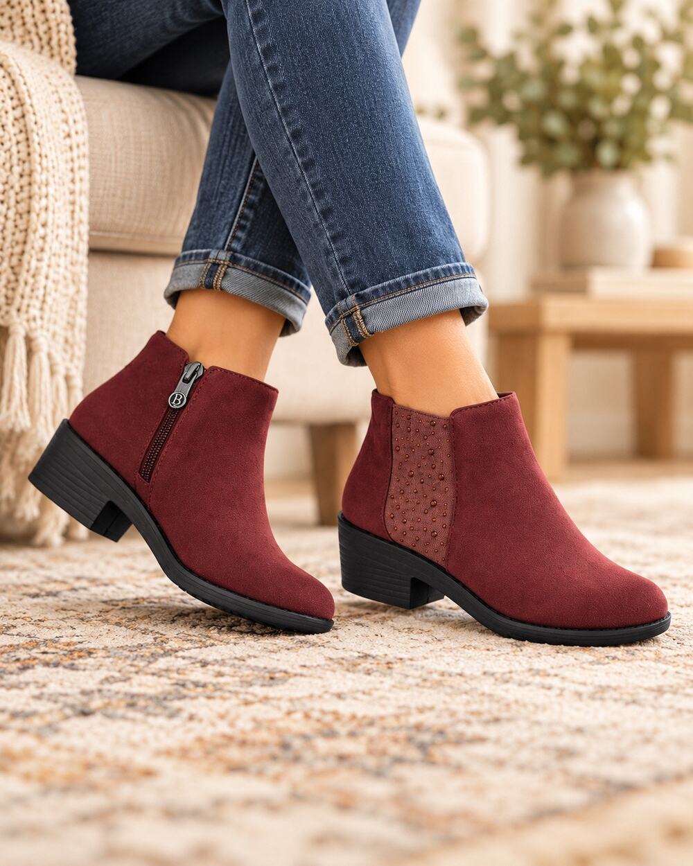 BZEES Lifestyle Women’s Burgundy Ankle Booties Size 7M Side Zip Studded Panel